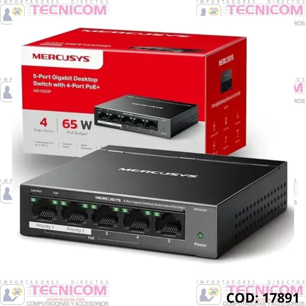 SWITCH MERCUSYS MS105GP 5 PUERTOS (4 POE) GIGABIT
