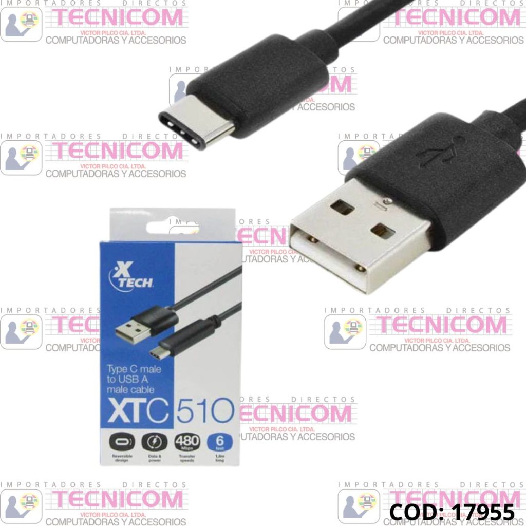 CABLE XTECH XTC-510 USB-C Macho a USB 2.1A Macho 1.8Mts